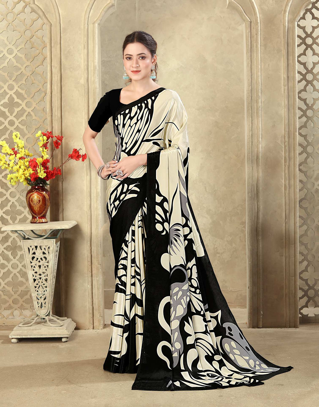 Beige Crepe Silk Printed Saree