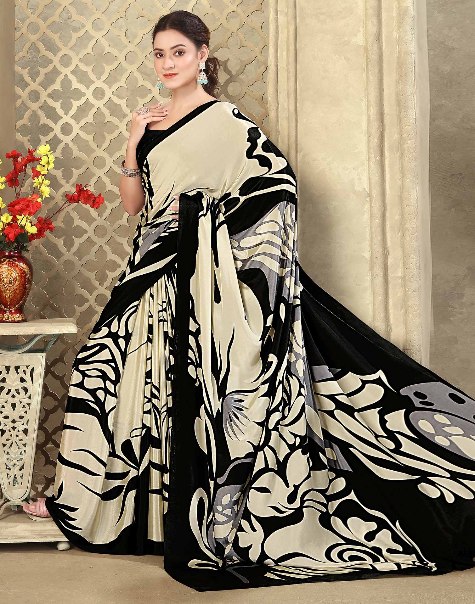Beige Crepe Silk Printed Saree