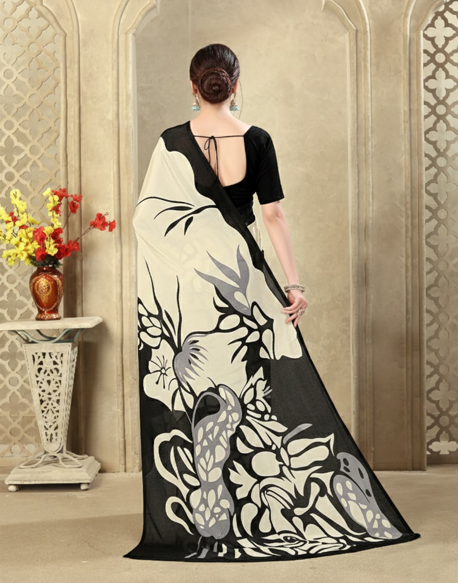 Beige Crepe Silk Printed Saree