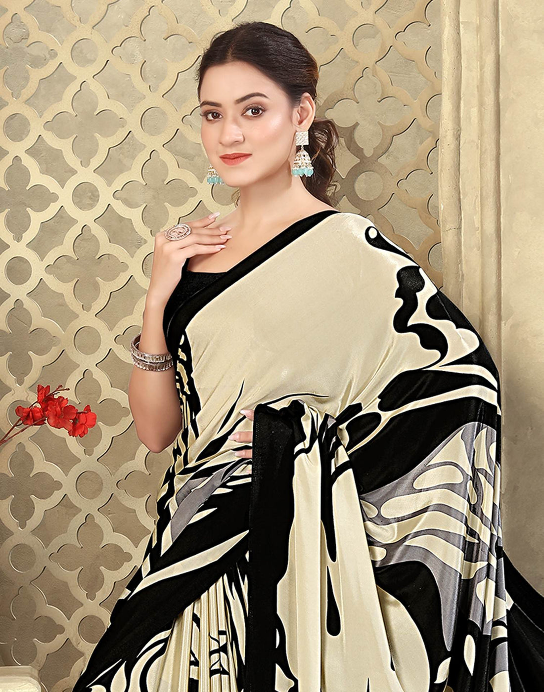 Beige Crepe Silk Printed Saree