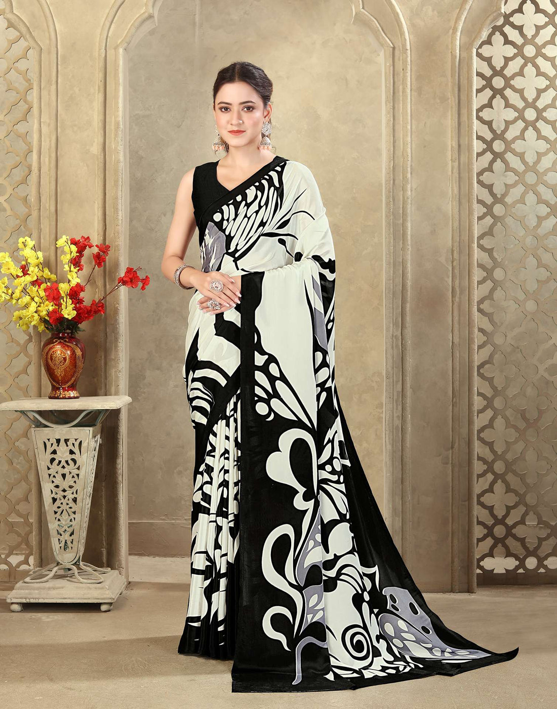 Off White Crepe Silk Printed Saree