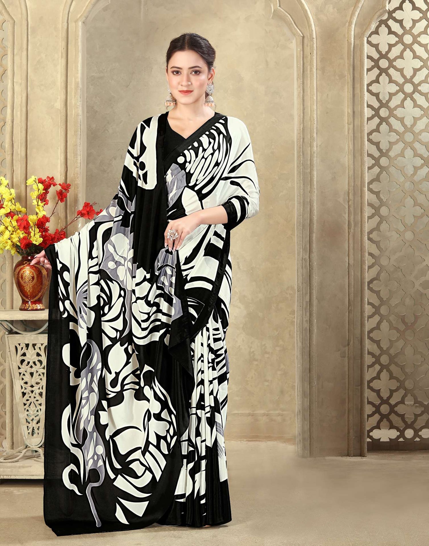 Off White Crepe Silk Printed Saree