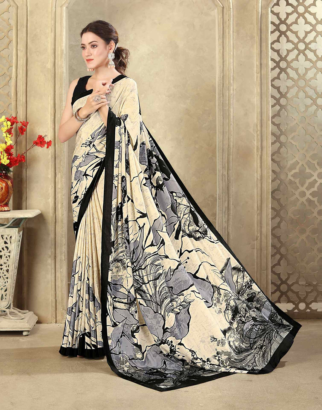 Beige Crepe Silk Printed Saree