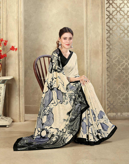 Beige Crepe Silk Printed Saree