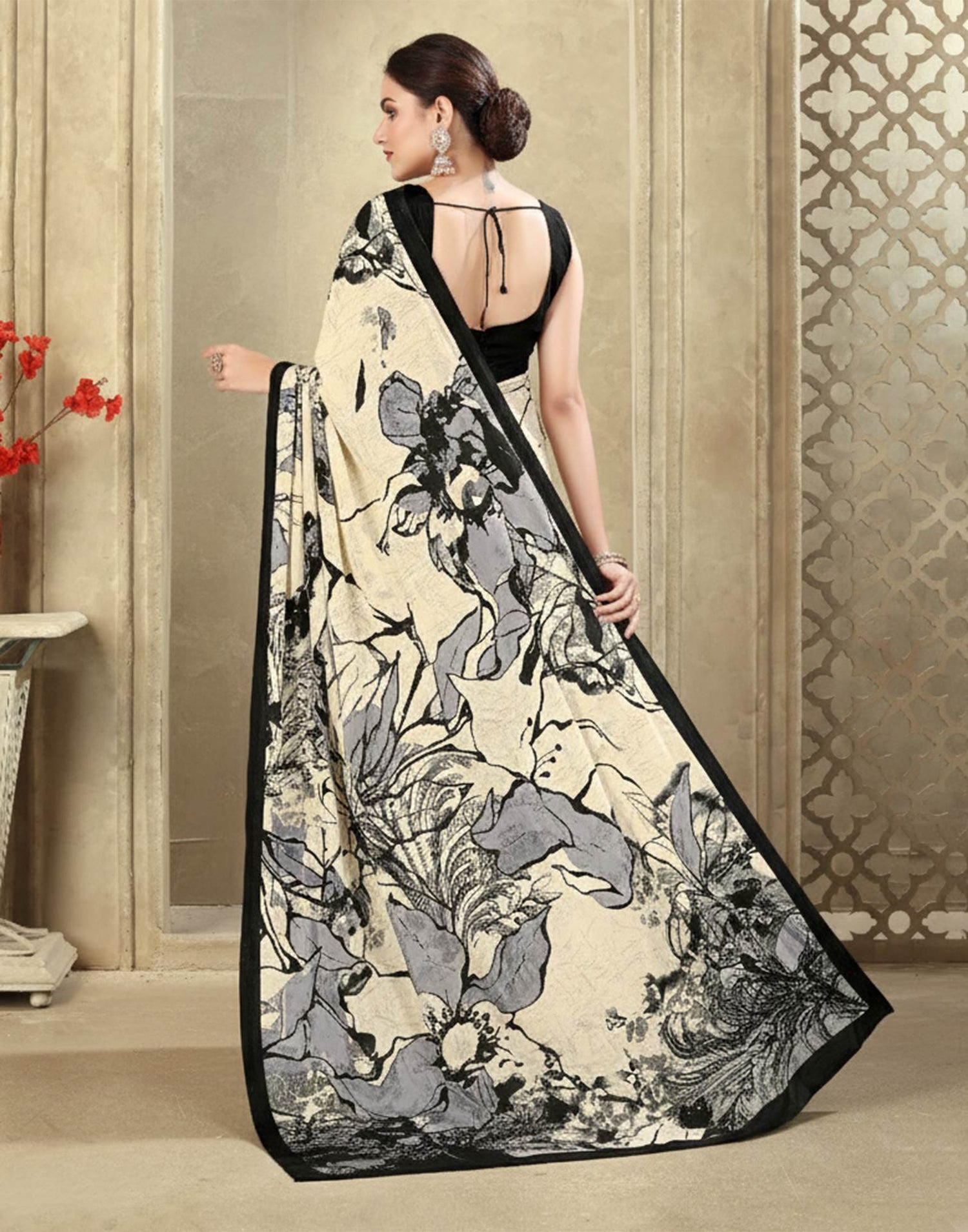 Beige Crepe Silk Printed Saree