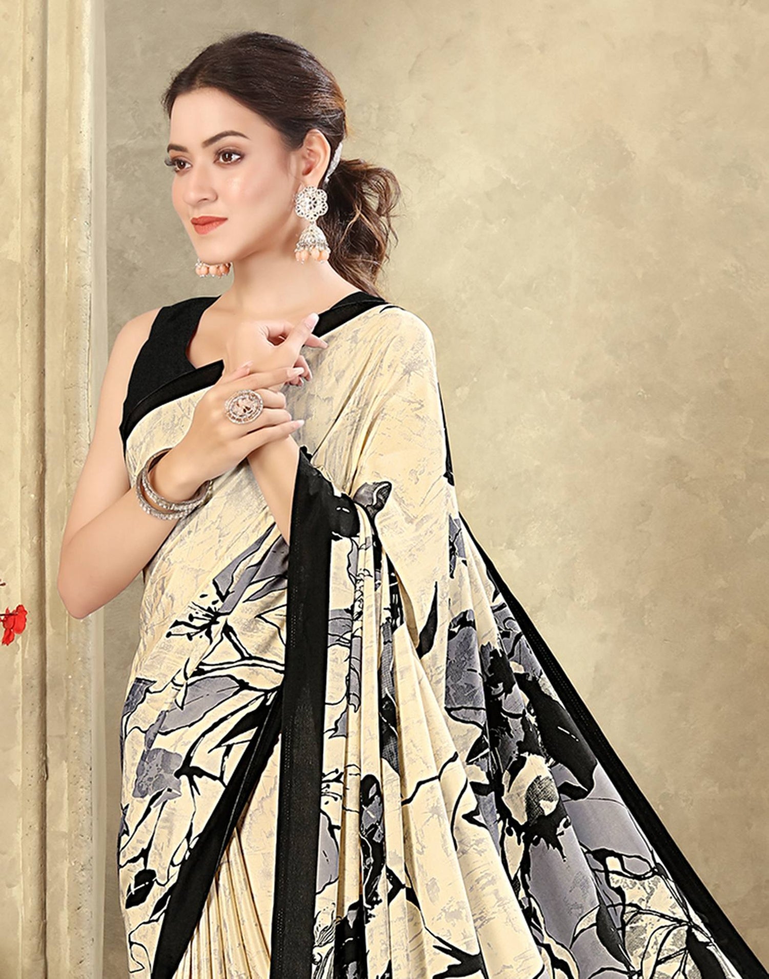 Beige Crepe Silk Printed Saree