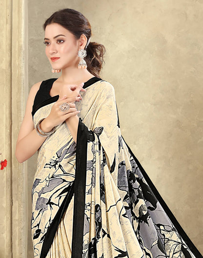 Beige Crepe Silk Printed Saree