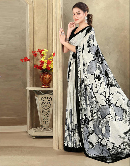 Off White Crepe Silk Printed Saree