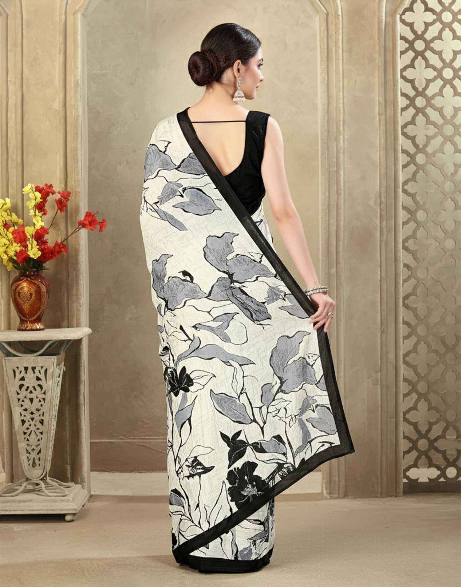 Off White Crepe Silk Printed Saree