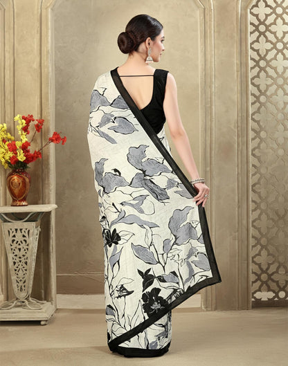 Off White Crepe Silk Printed Saree