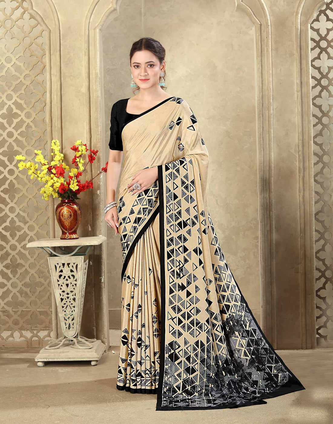 Dark Beige Crepe Silk Printed Saree