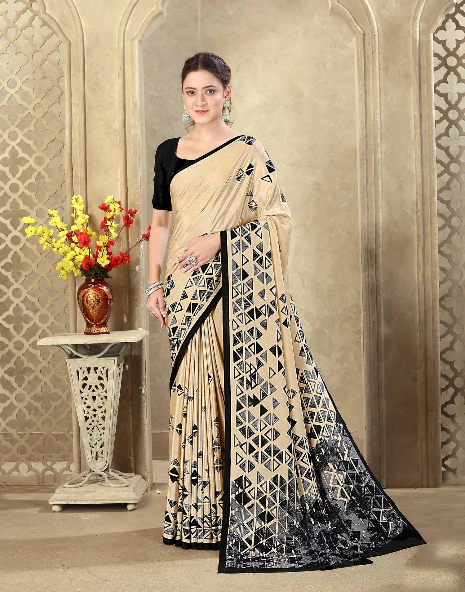 Dark Beige Crepe Silk Printed Saree