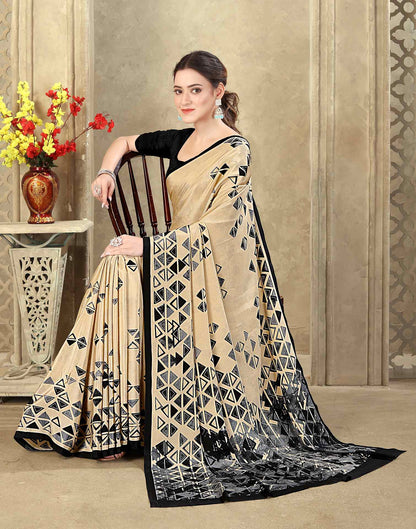 Dark Beige Crepe Silk Printed Saree