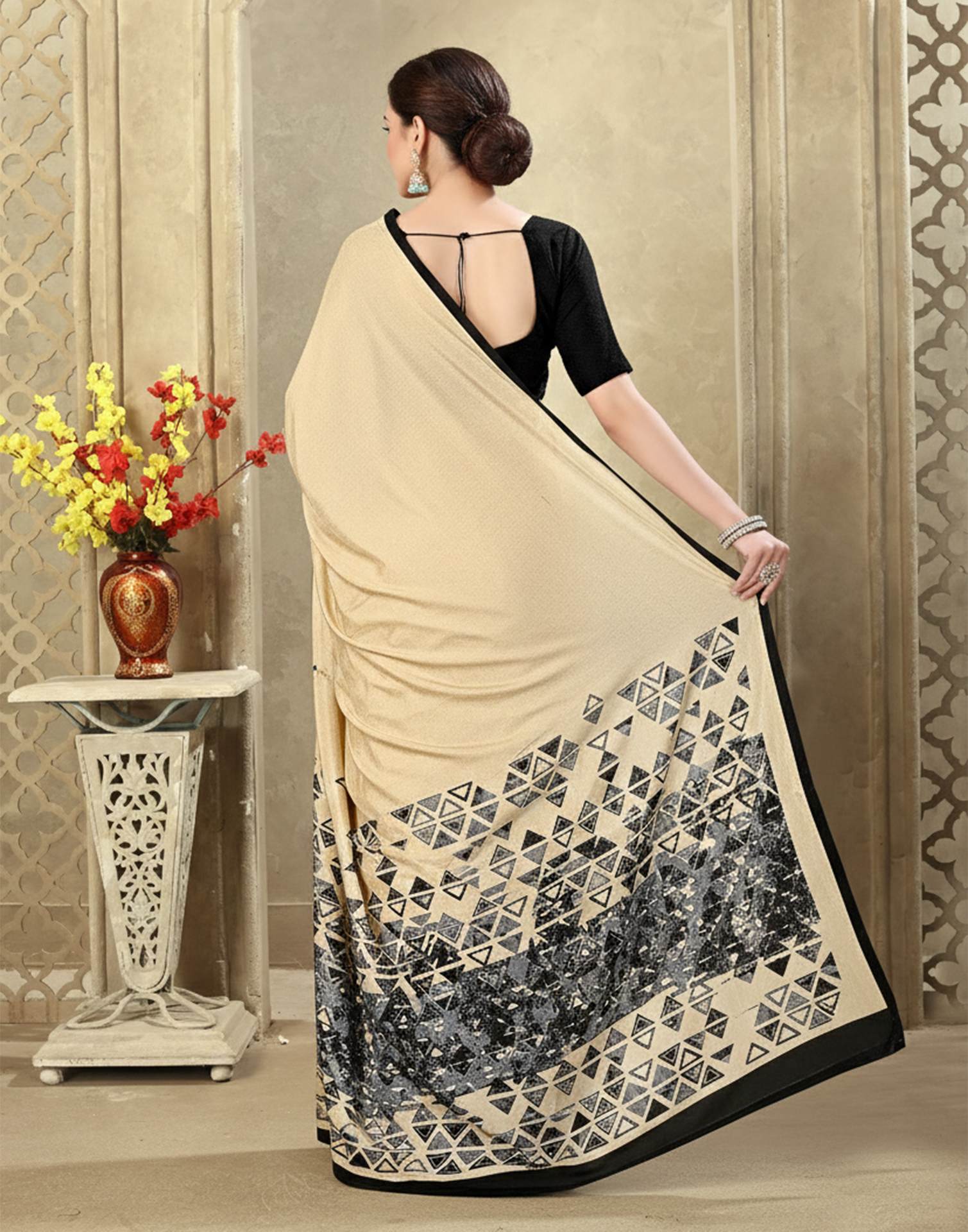 Dark Beige Crepe Silk Printed Saree