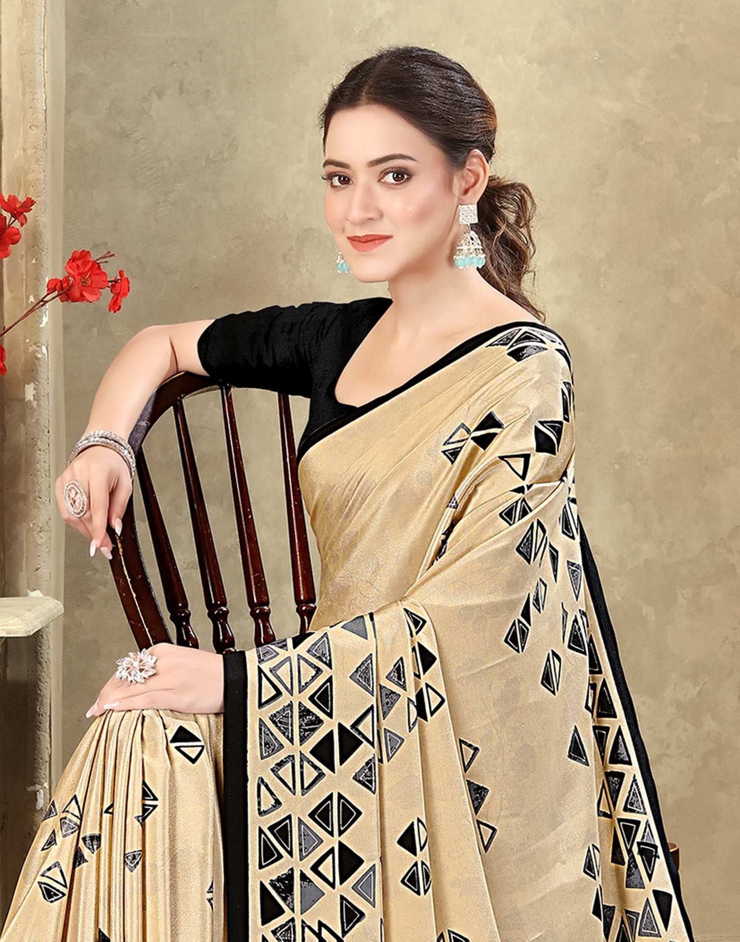Dark Beige Crepe Silk Printed Saree