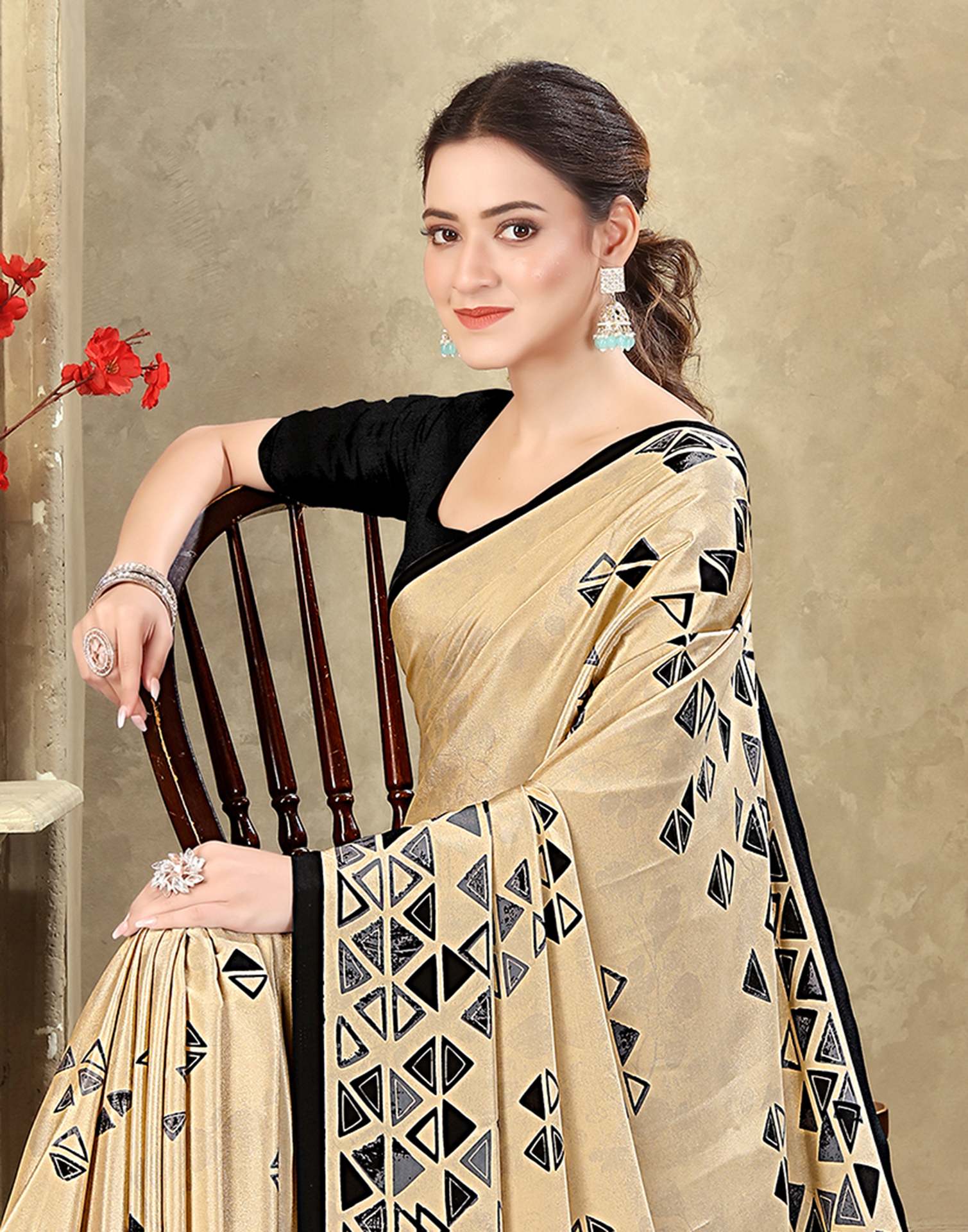 Dark Beige Crepe Silk Printed Saree