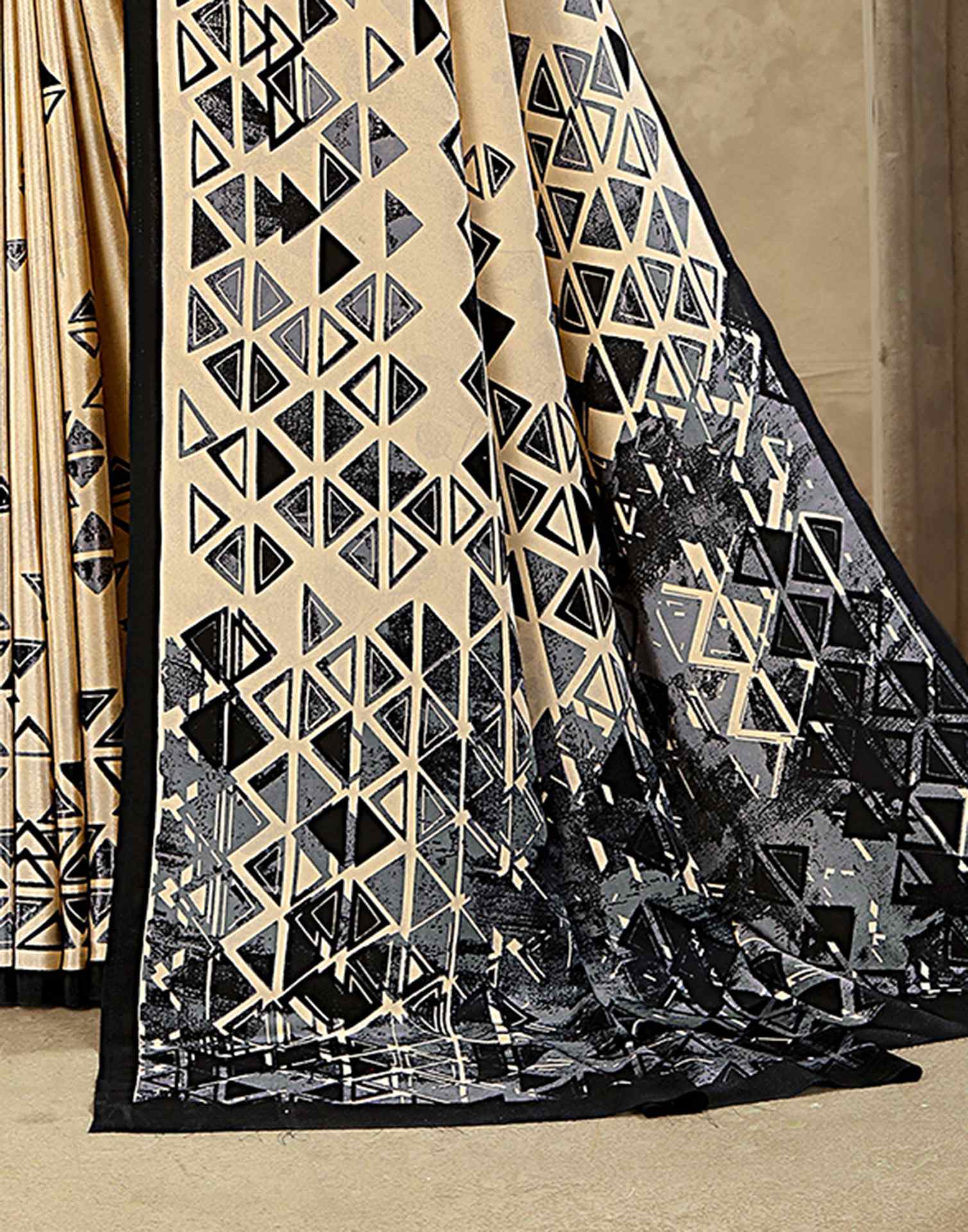 Dark Beige Crepe Silk Printed Saree