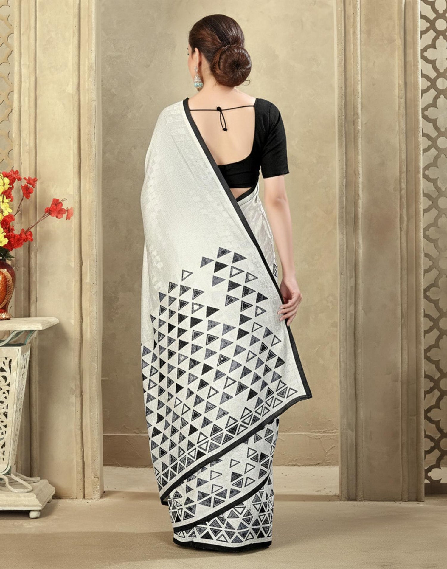 Off White Crepe Silk Printed Saree