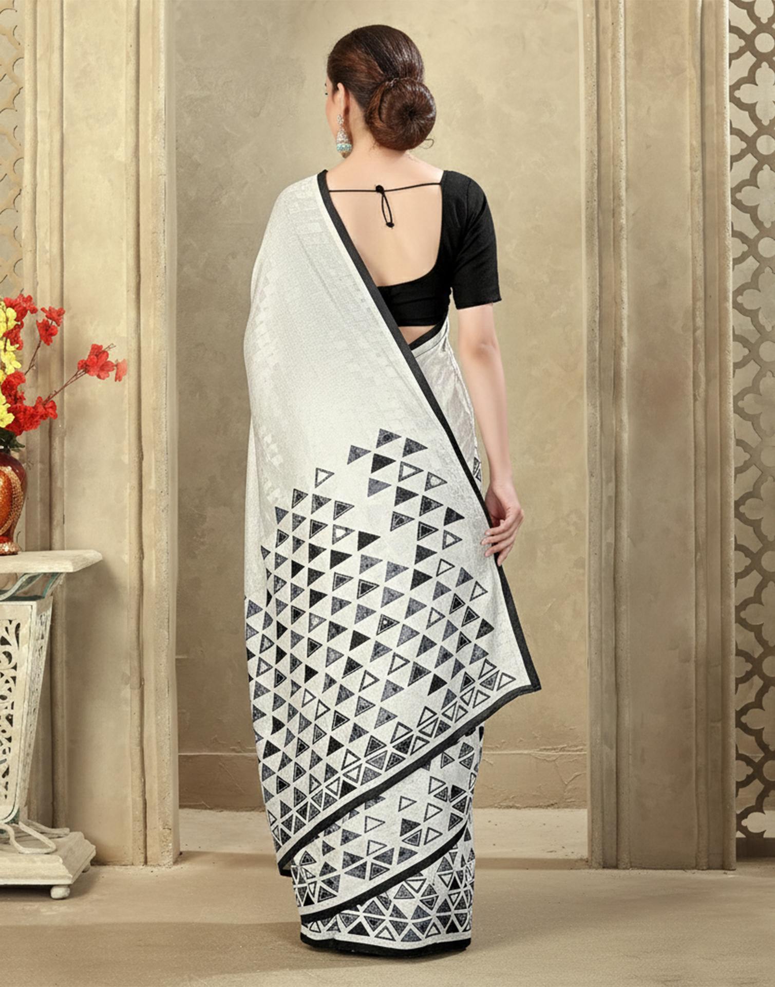 Off White Crepe Silk Printed Saree