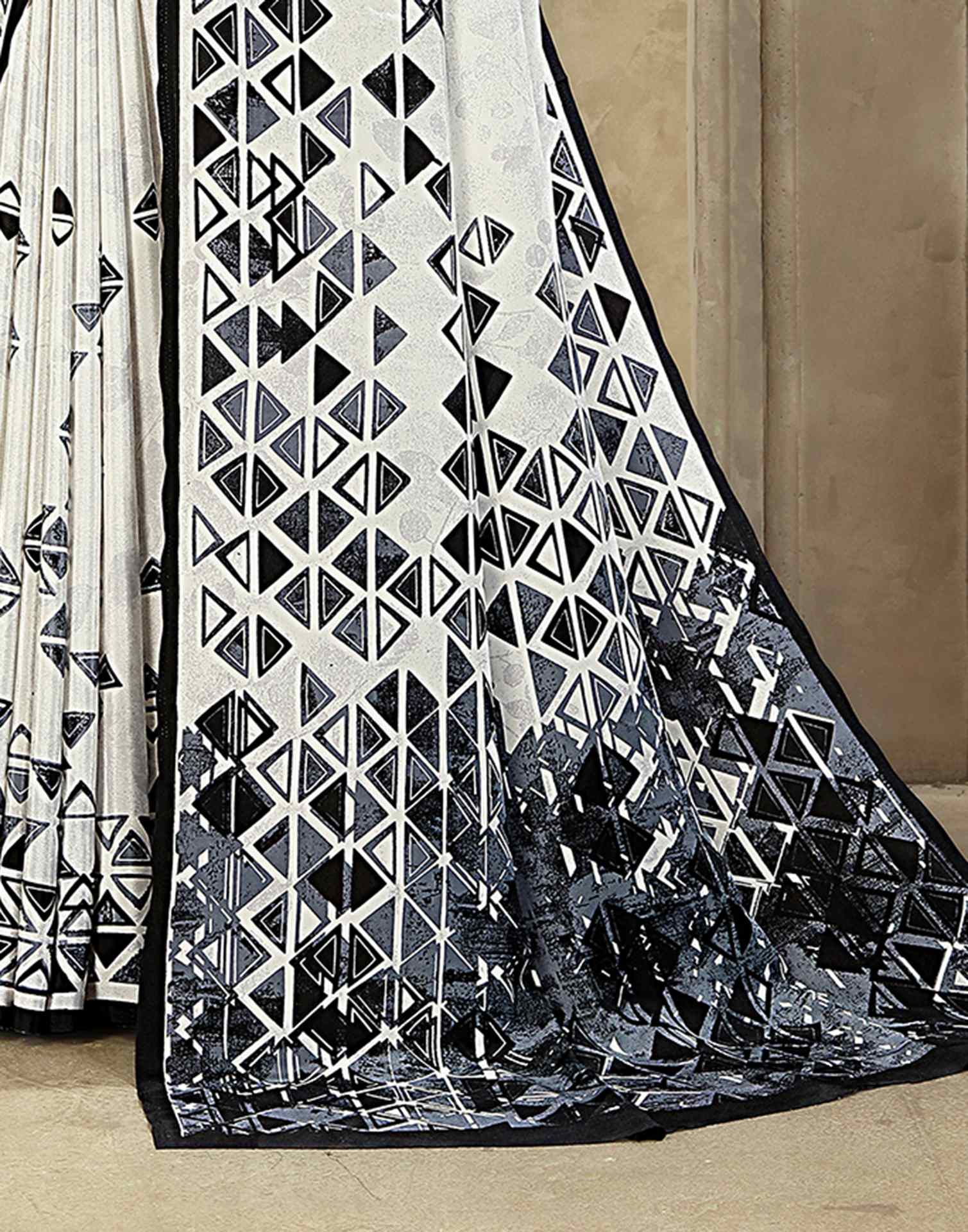 Off White Crepe Silk Printed Saree