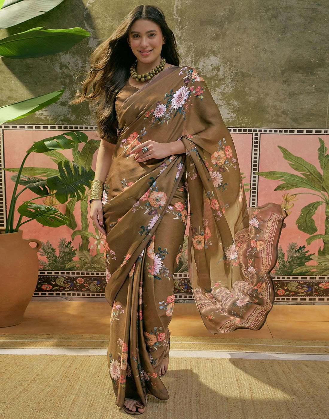 Dark Olive Green Satin Floral Printed Saree