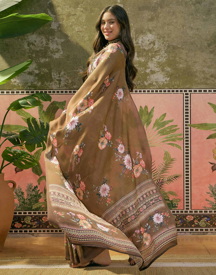 Dark Olive Green Satin Floral Printed Saree