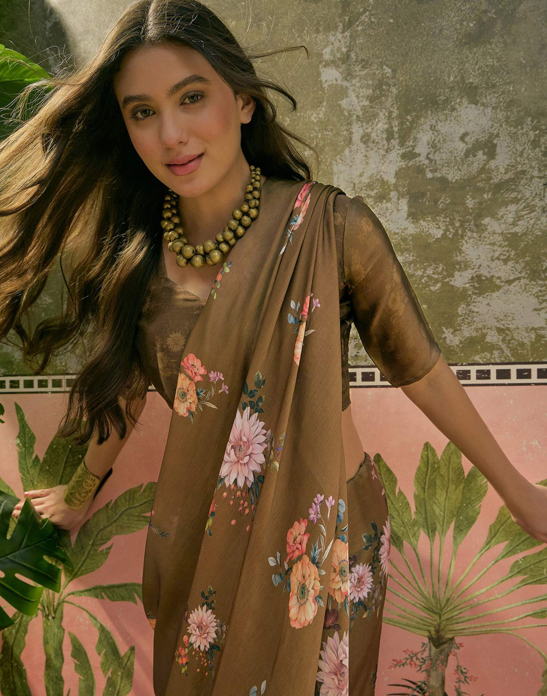 Dark Olive Green Satin Floral Printed Saree