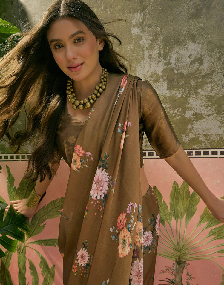 Dark Olive Green Satin Floral Printed Saree