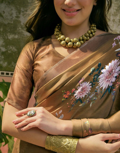 Dark Olive Green Satin Floral Printed Saree