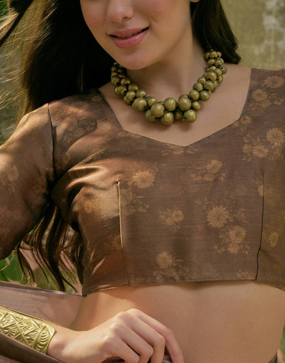 Dark Olive Green Satin Floral Printed Saree