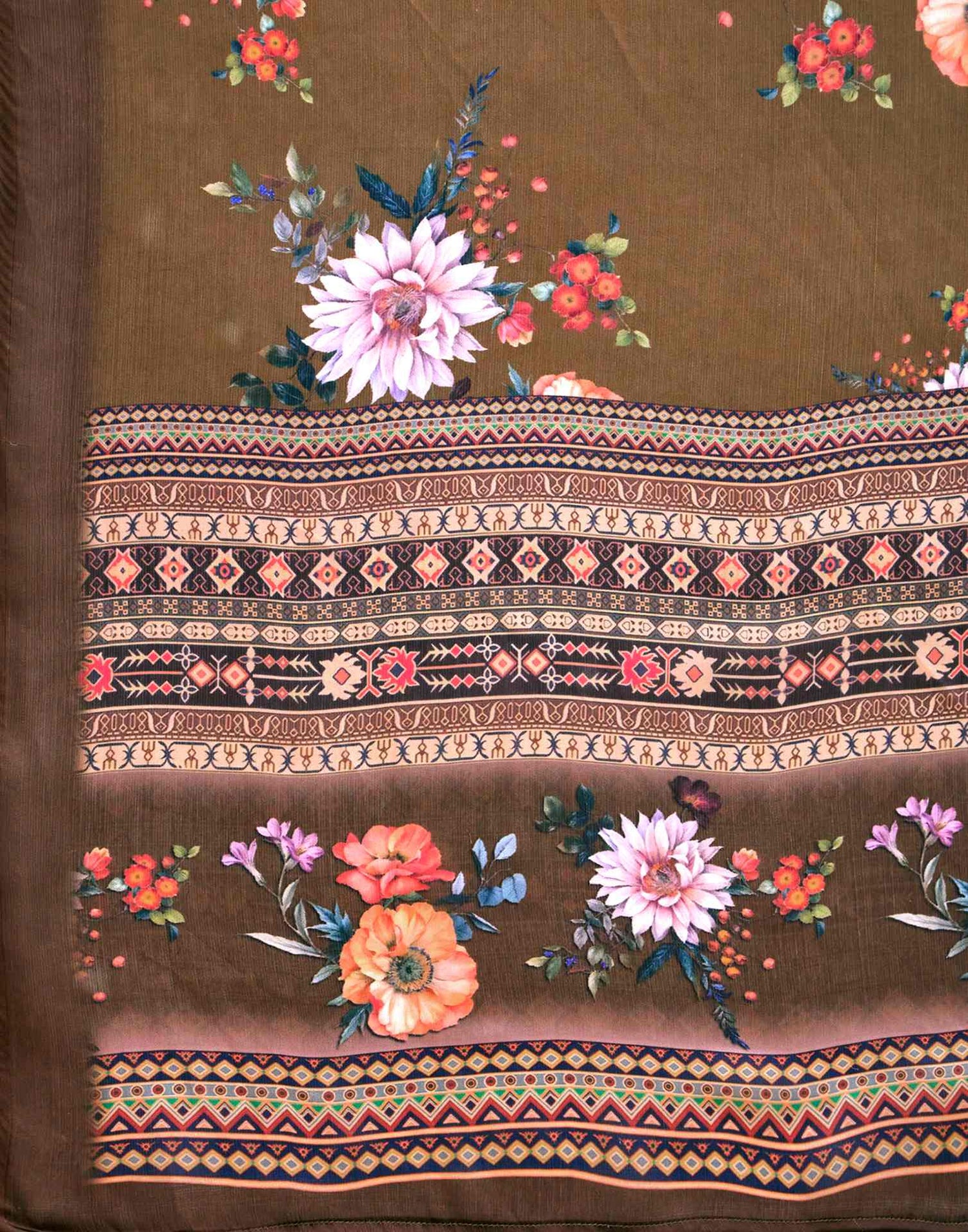 Dark Olive Green Satin Floral Printed Saree