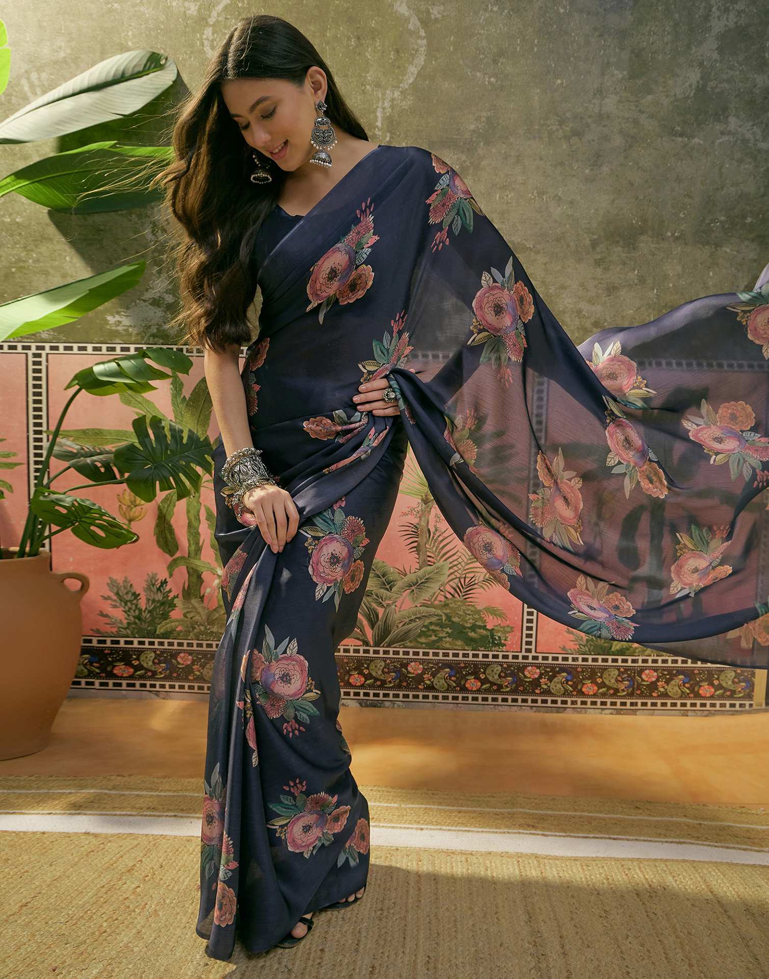 Navy Blue Satin Floral Printed Saree