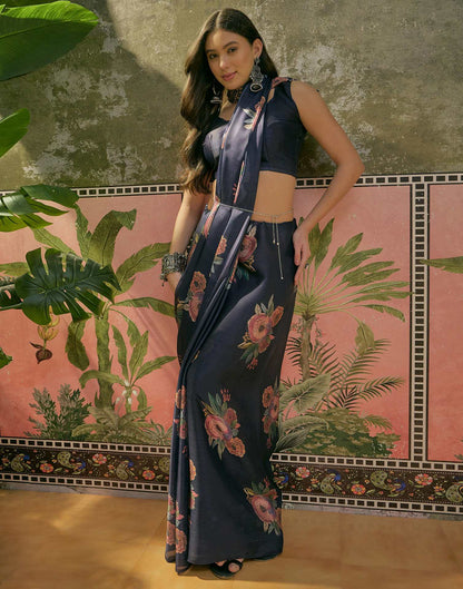 Navy Blue Satin Floral Printed Saree