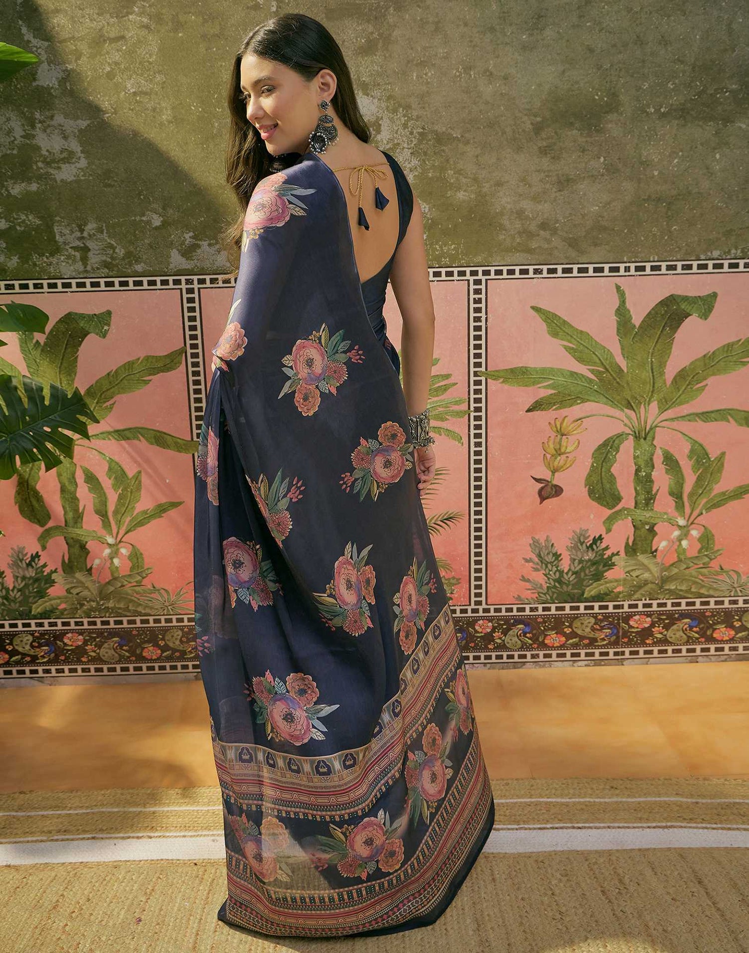 Navy Blue Satin Floral Printed Saree