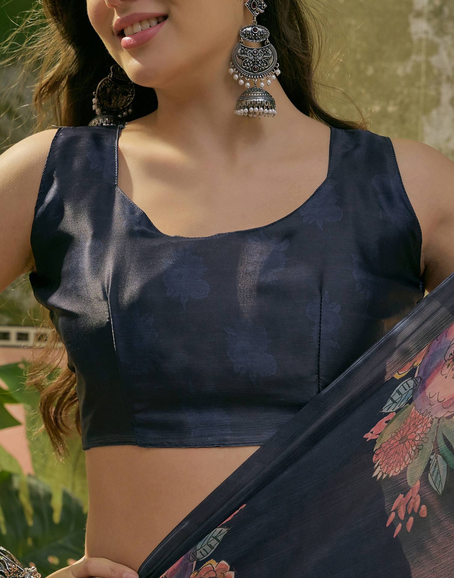 Navy Blue Satin Floral Printed Saree