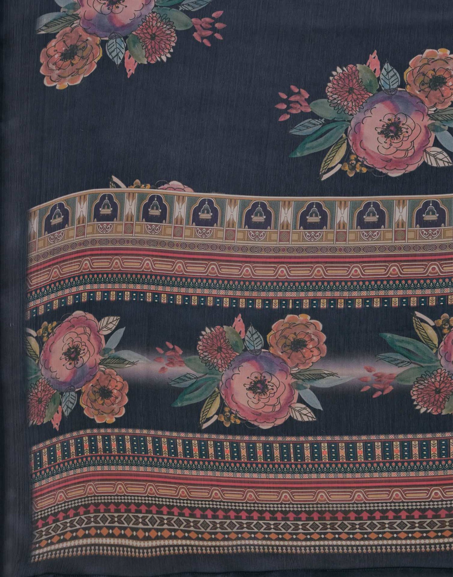 Navy Blue Satin Floral Printed Saree