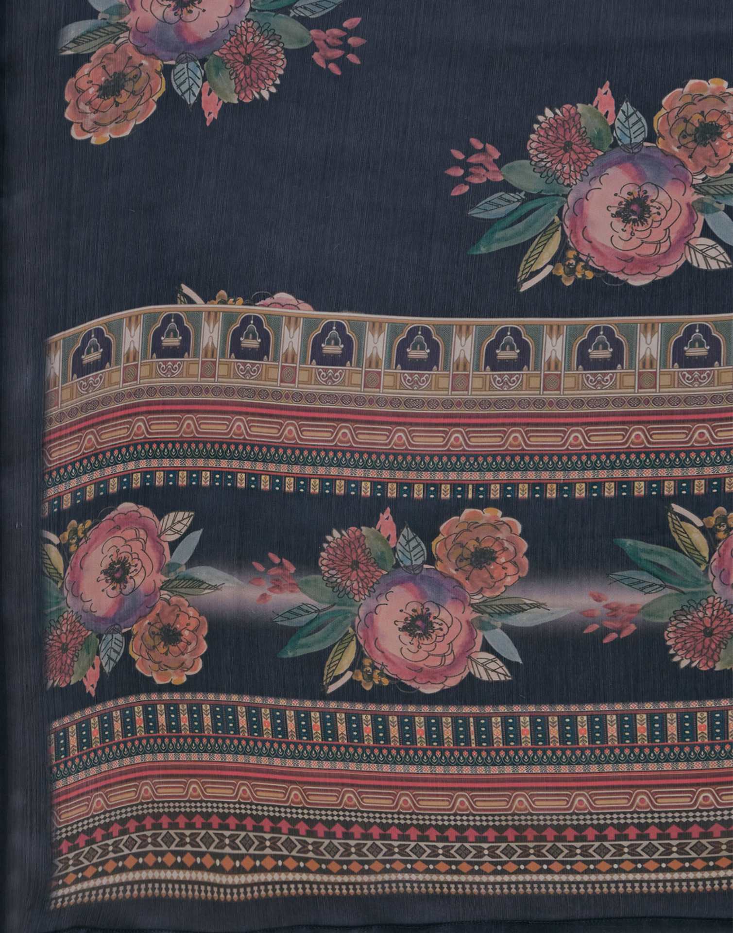 Navy Blue Satin Floral Printed Saree