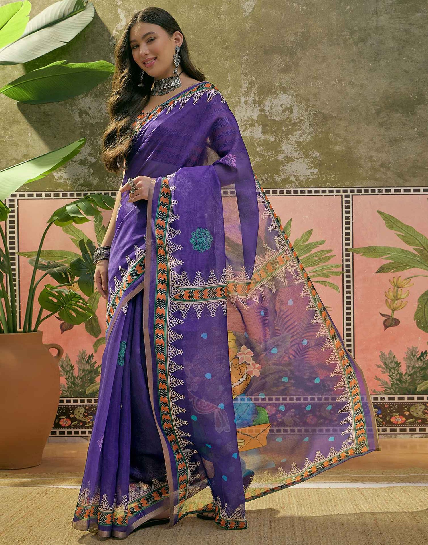 Violet Cotton Linen Printed Saree