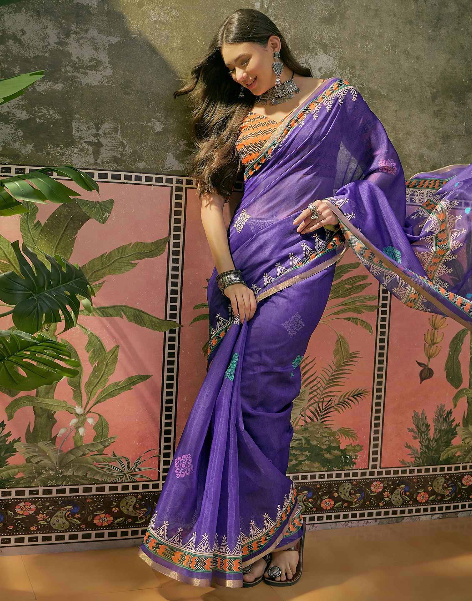 Violet Cotton Linen Printed Saree