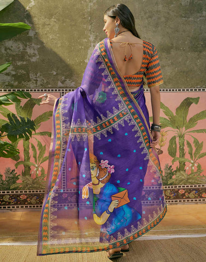 Violet Cotton Linen Printed Saree