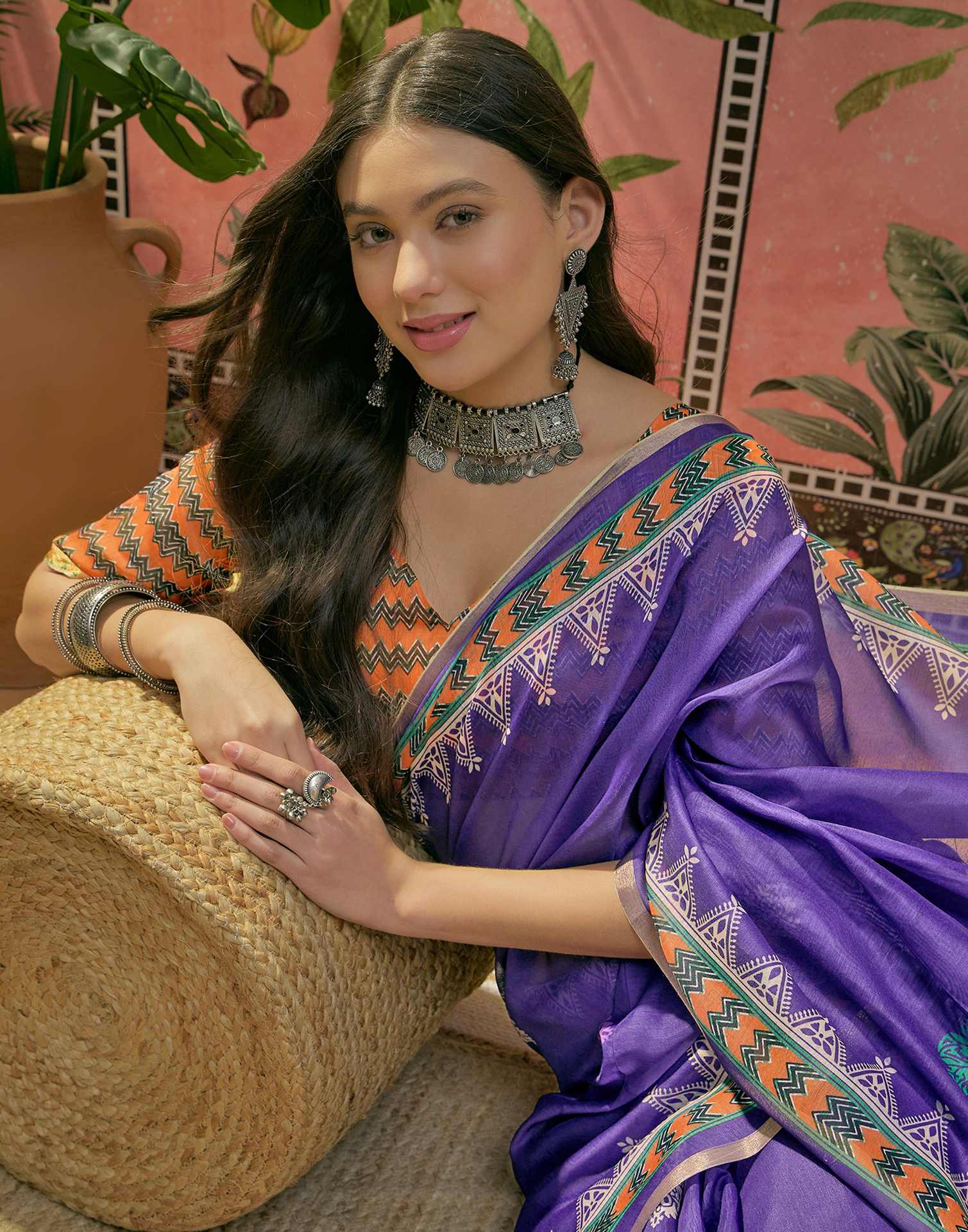 Violet Cotton Linen Printed Saree