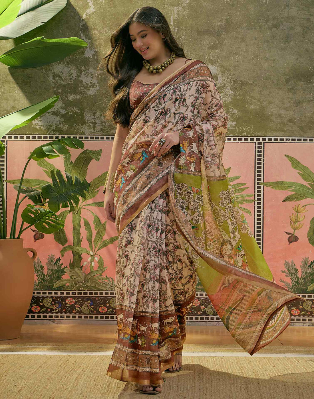 Beige Cotton Linen Printed Saree