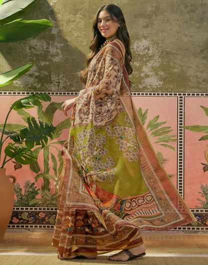 Beige Cotton Linen Printed Saree