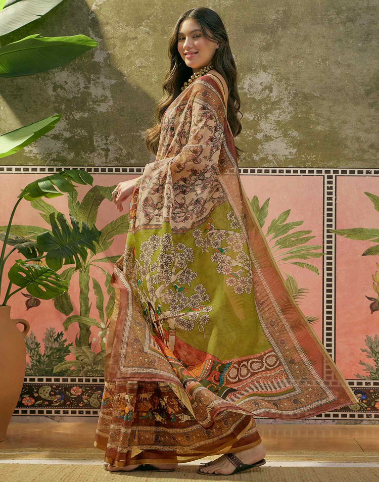 Beige Cotton Linen Printed Saree