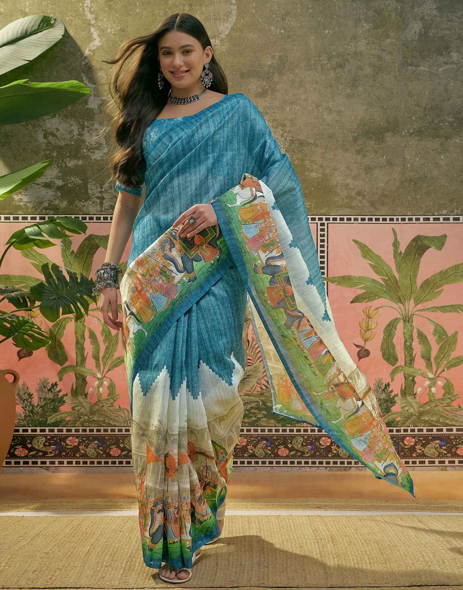 Navy Blue Shimmer Silk Printed Saree