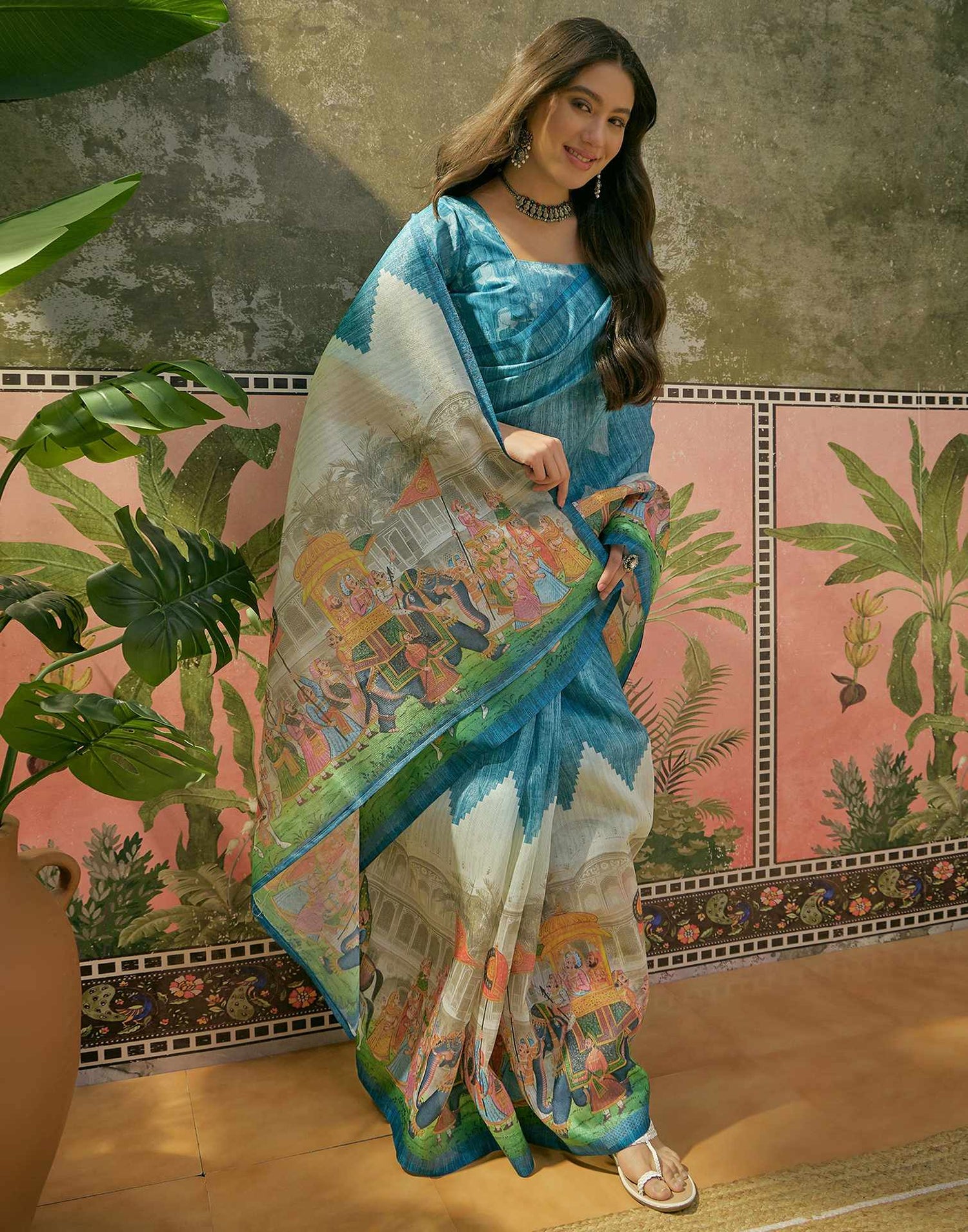 Navy Blue Shimmer Silk Printed Saree