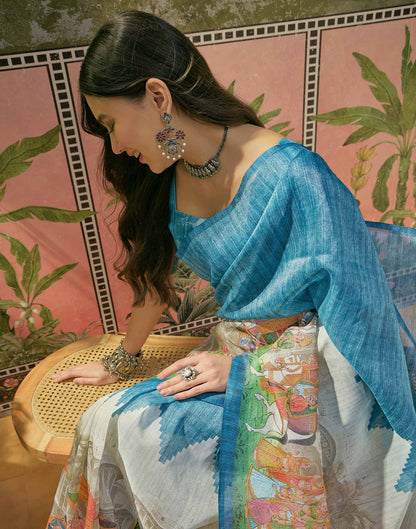 Navy Blue Shimmer Silk Printed Saree