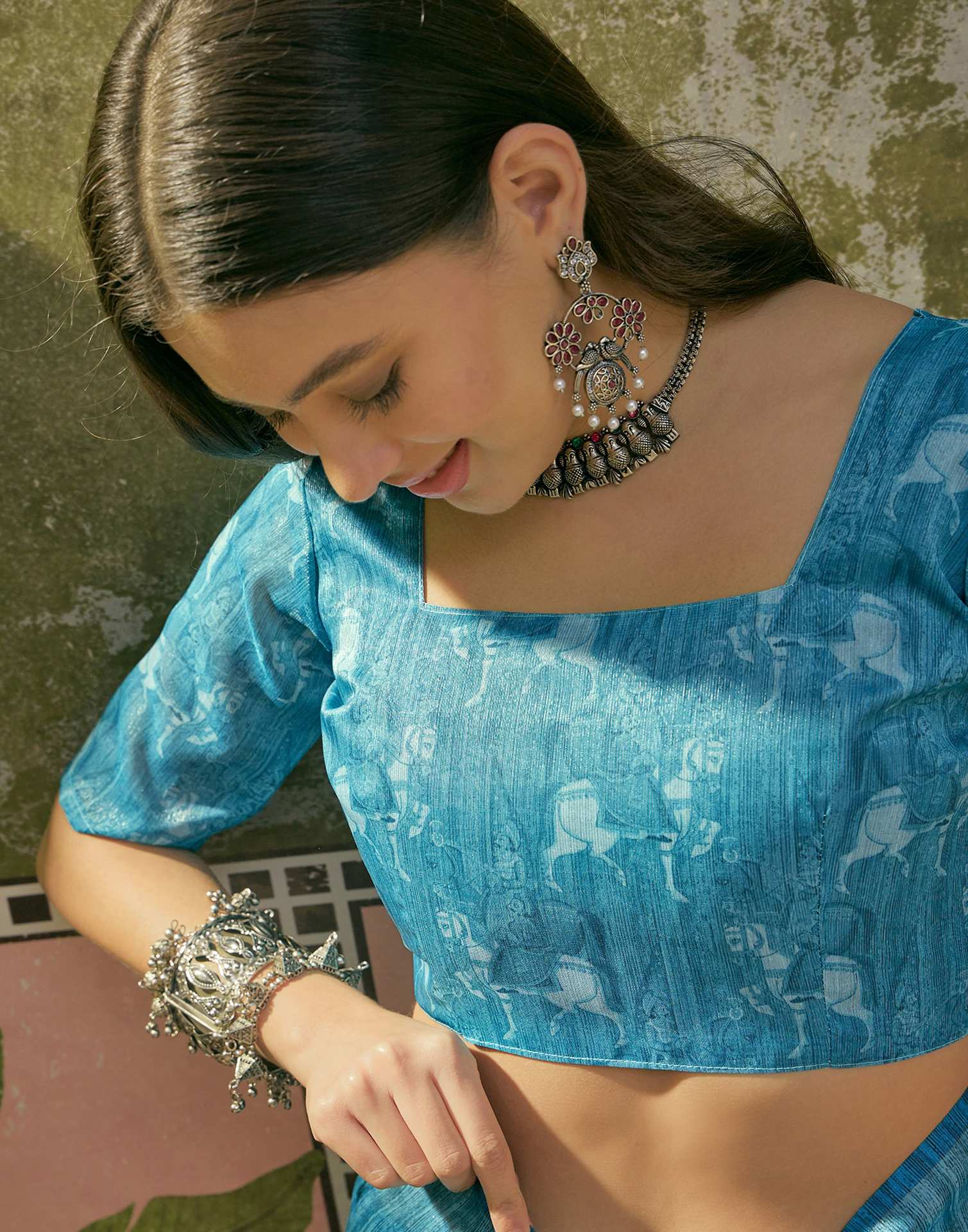 Navy Blue Shimmer Silk Printed Saree
