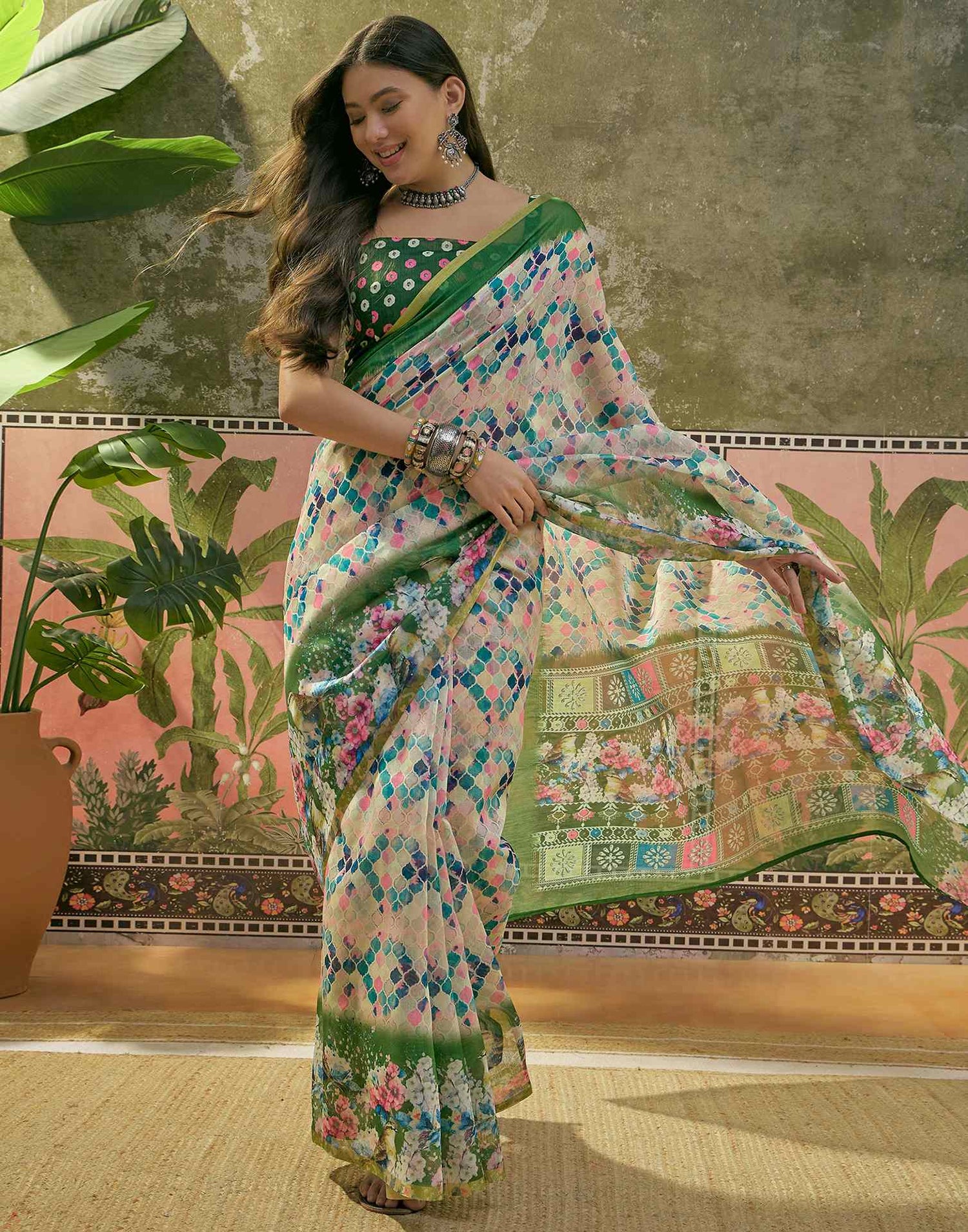 Beige Cotton Linen Printed Saree