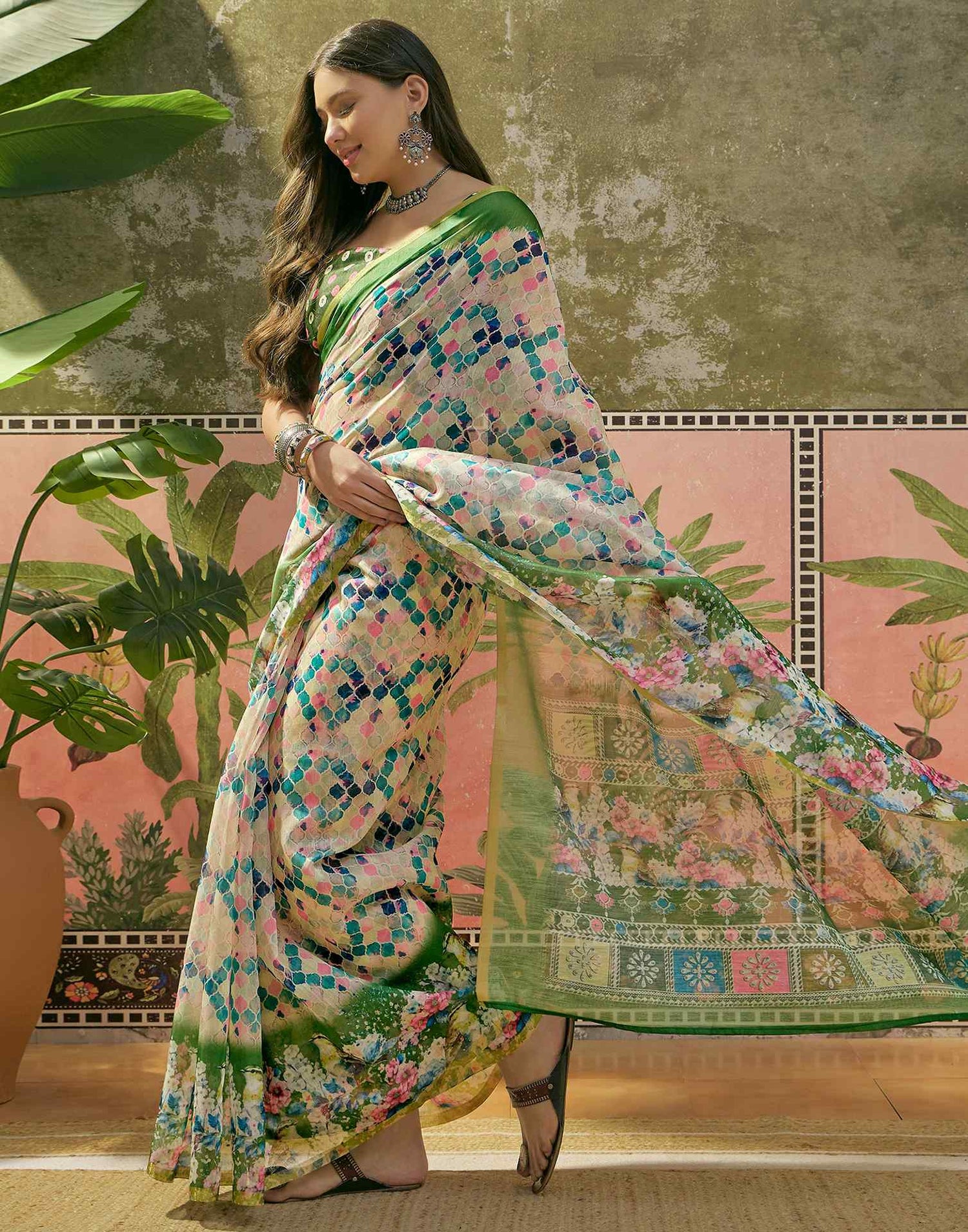 Beige Cotton Linen Printed Saree